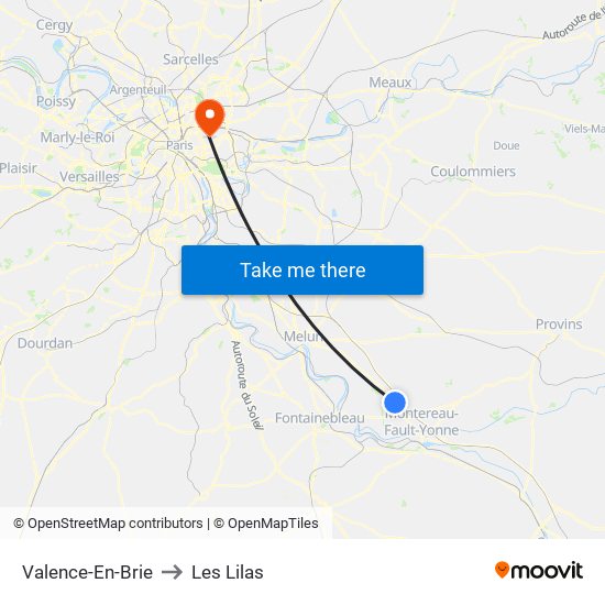Valence-En-Brie to Les Lilas map