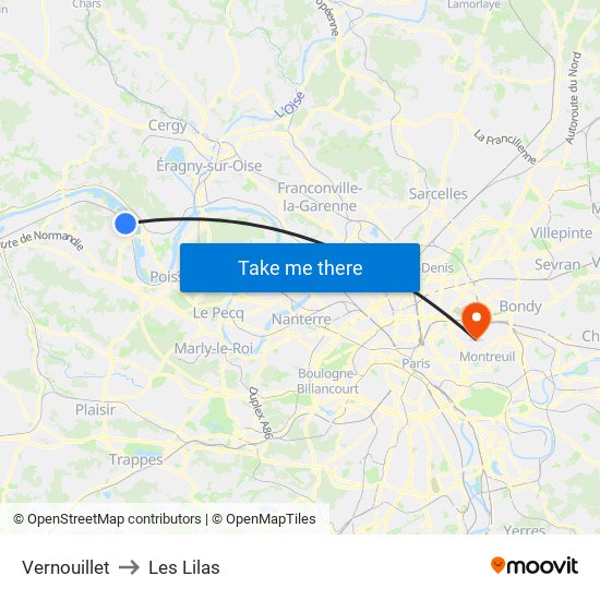 Vernouillet to Les Lilas map