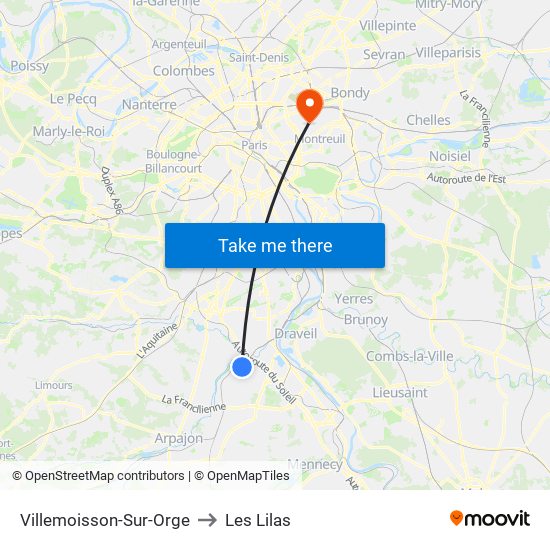 Villemoisson-Sur-Orge to Les Lilas map