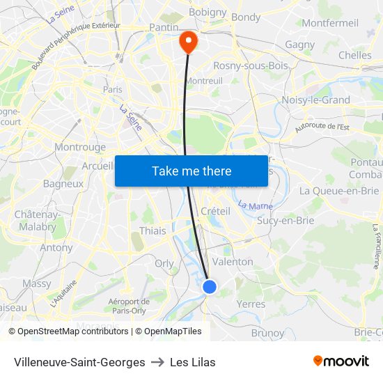 Villeneuve-Saint-Georges to Les Lilas map