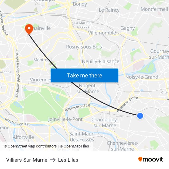 Villiers-Sur-Marne to Les Lilas map