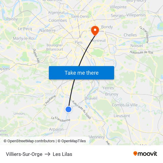 Villiers-Sur-Orge to Les Lilas map