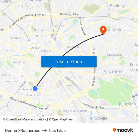 Denfert-Rochereau to Les Lilas map