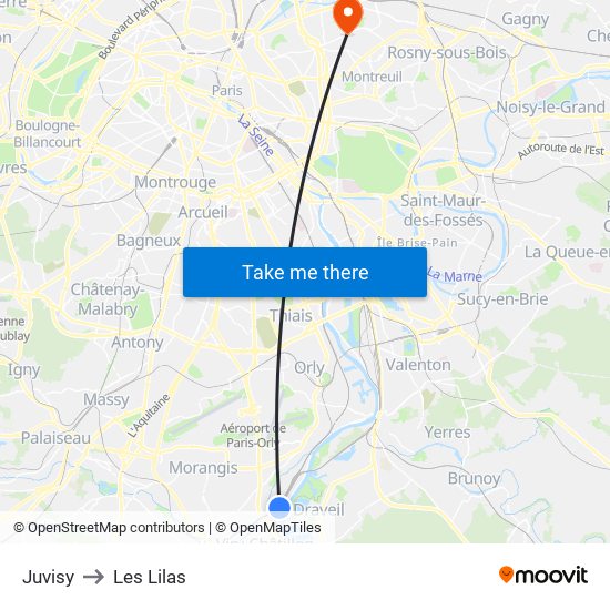 Juvisy to Les Lilas map