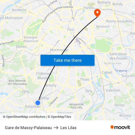 Gare de Massy-Palaiseau to Les Lilas map