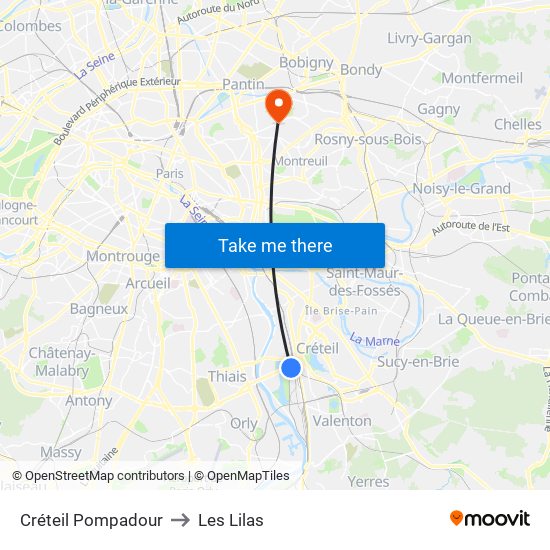 Créteil Pompadour to Les Lilas map