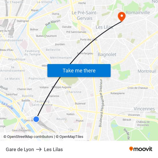 Gare de Lyon to Les Lilas map
