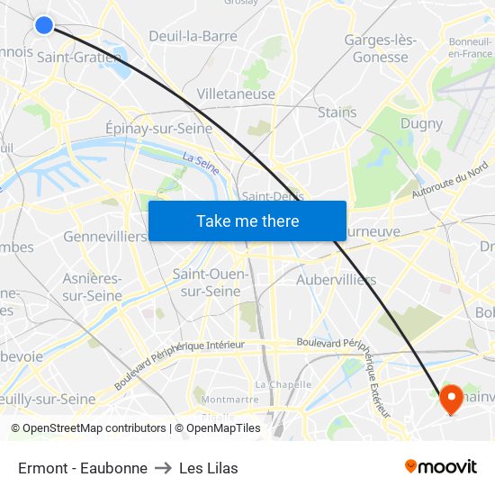 Ermont - Eaubonne to Les Lilas map