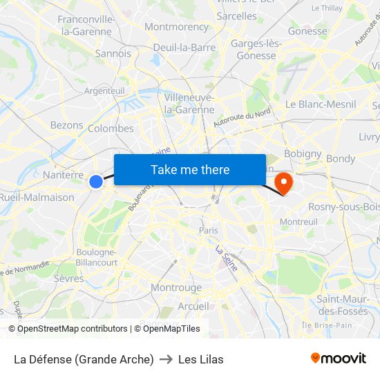 La Défense (Grande Arche) to Les Lilas map