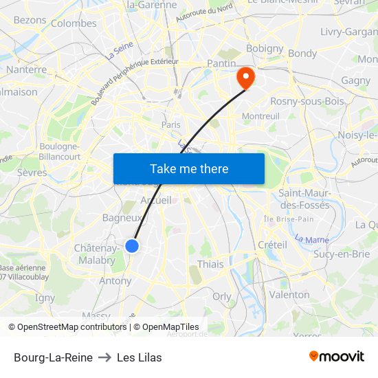 Bourg-La-Reine to Les Lilas map