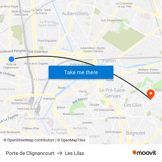 Porte de Clignancourt to Les Lilas map