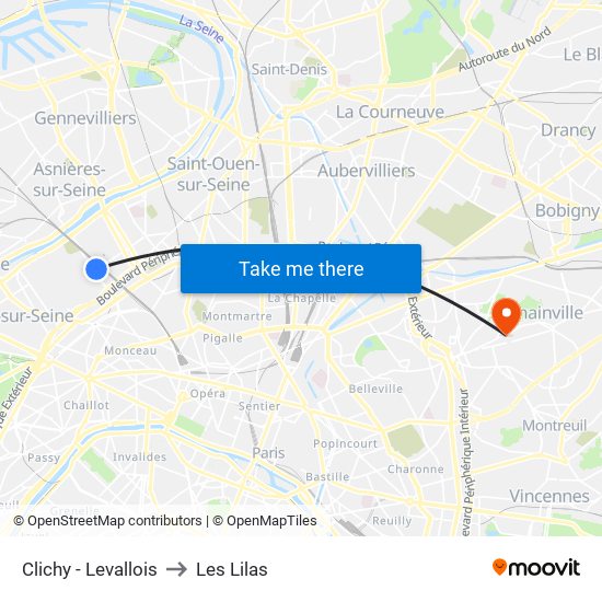 Clichy - Levallois to Les Lilas map