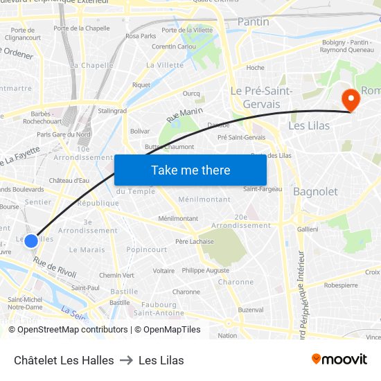 Châtelet Les Halles to Les Lilas map