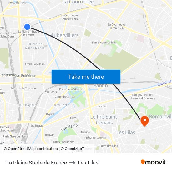 La Plaine Stade de France to Les Lilas map