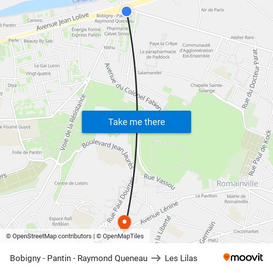Bobigny - Pantin - Raymond Queneau to Les Lilas map