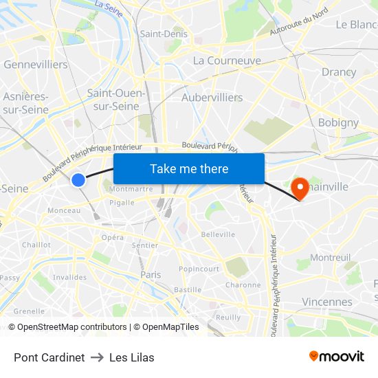 Pont Cardinet to Les Lilas map