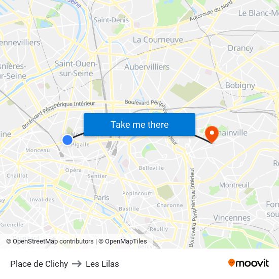 Place de Clichy to Les Lilas map
