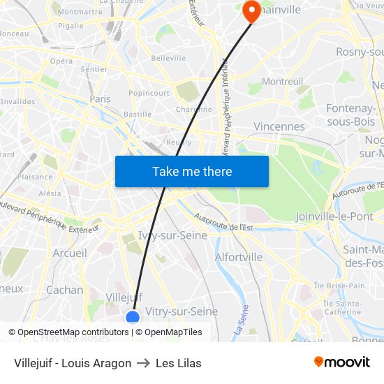 Villejuif - Louis Aragon to Les Lilas map