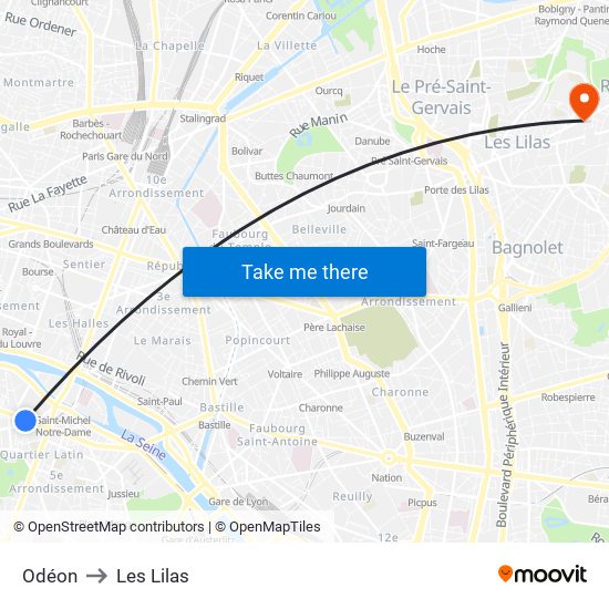 Odéon to Les Lilas map