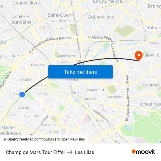 Champ de Mars Tour Eiffel to Les Lilas map