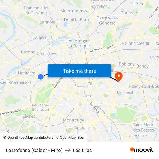 La Défense (Calder - Miro) to Les Lilas map