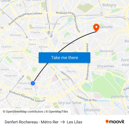 Denfert-Rochereau - Métro-Rer to Les Lilas map