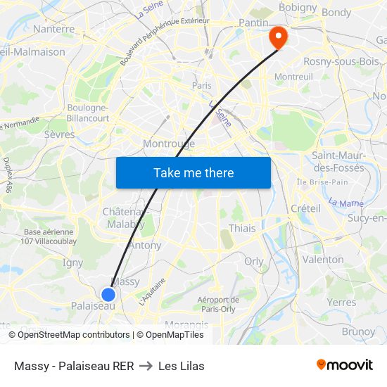 Massy - Palaiseau RER to Les Lilas map