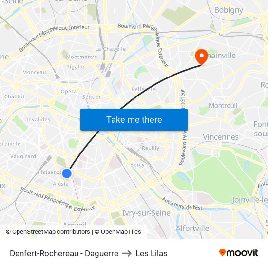 Denfert-Rochereau - Daguerre to Les Lilas map