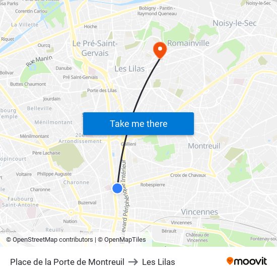 Place de la Porte de Montreuil to Les Lilas map