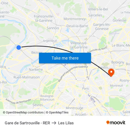 Gare de Sartrouville - RER to Les Lilas map