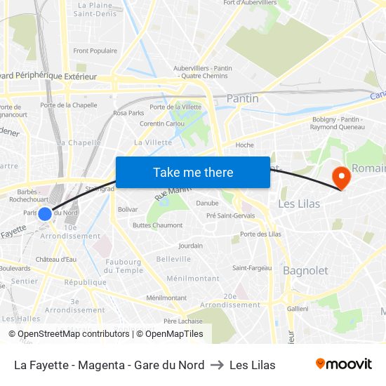 La Fayette - Magenta - Gare du Nord to Les Lilas map