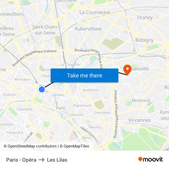 Paris - Opéra to Les Lilas map