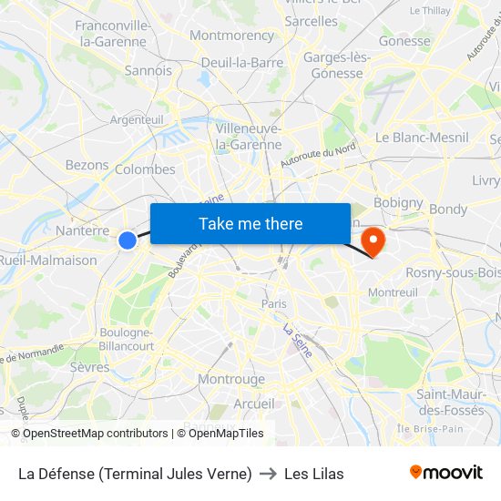 La Défense (Terminal Jules Verne) to Les Lilas map