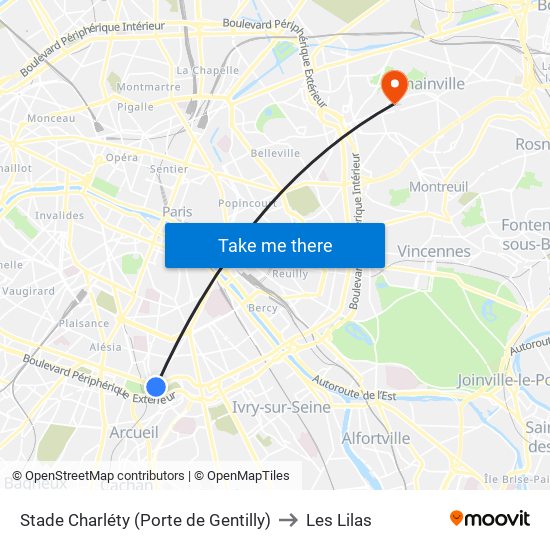Stade Charléty (Porte de Gentilly) to Les Lilas map