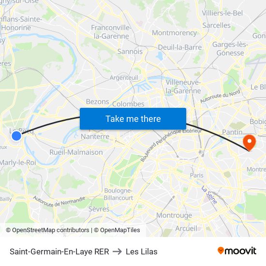 Saint-Germain-En-Laye RER to Les Lilas map