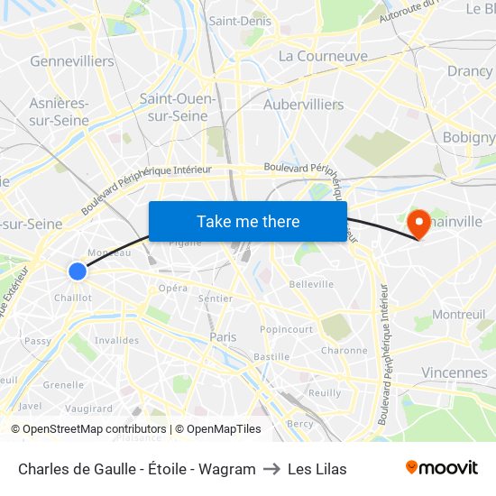 Charles de Gaulle - Étoile - Wagram to Les Lilas map