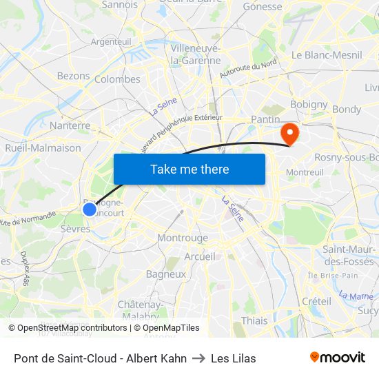Pont de Saint-Cloud - Albert Kahn to Les Lilas map