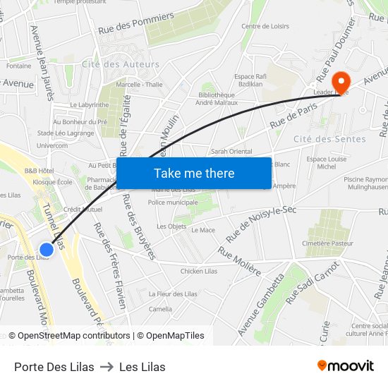 Porte Des Lilas to Les Lilas map