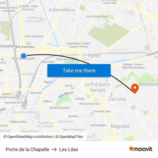 Porte de la Chapelle to Les Lilas map