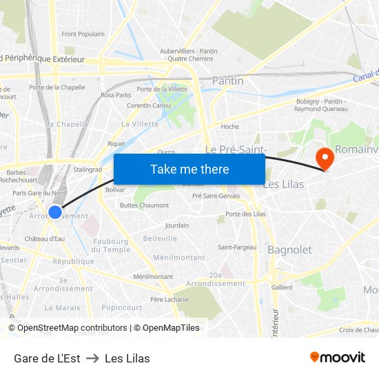 Gare de L'Est to Les Lilas map