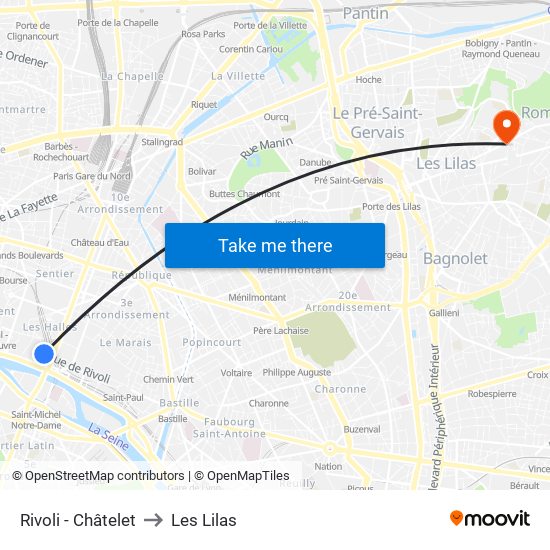 Rivoli - Châtelet to Les Lilas map