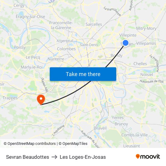 Sevran Beaudottes to Les Loges-En-Josas map