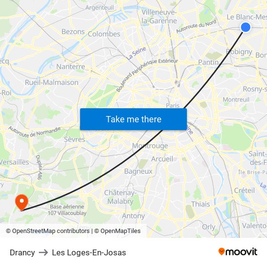 Drancy to Les Loges-En-Josas map