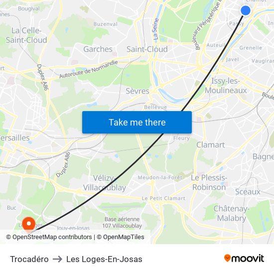 Trocadéro to Les Loges-En-Josas map