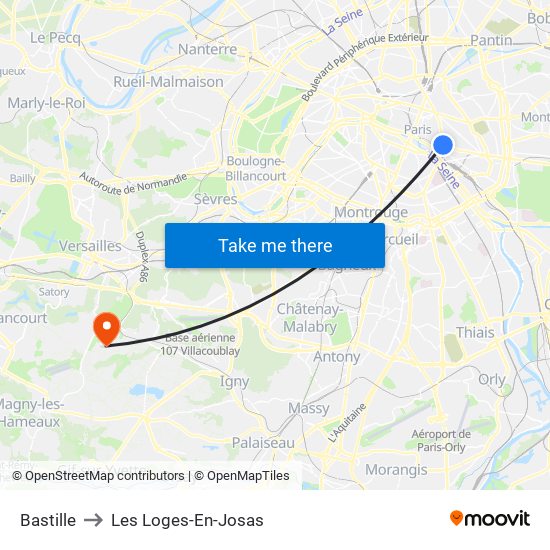 Bastille to Les Loges-En-Josas map