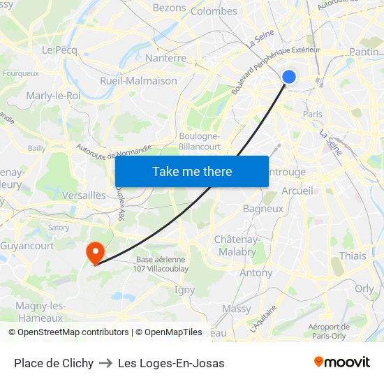 Place de Clichy to Les Loges-En-Josas map