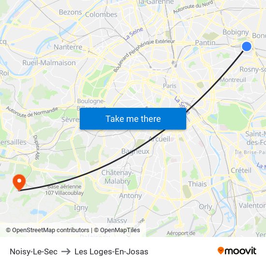 Noisy-Le-Sec to Les Loges-En-Josas map