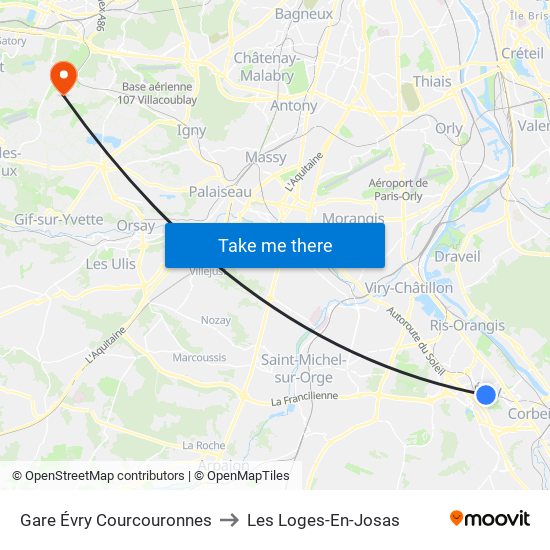 Gare Évry Courcouronnes to Les Loges-En-Josas map