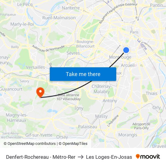Denfert-Rochereau - Métro-Rer to Les Loges-En-Josas map
