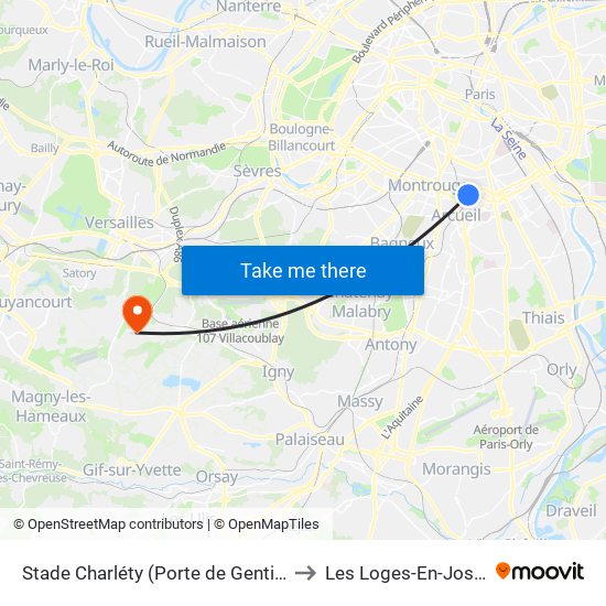 Stade Charléty (Porte de Gentilly) to Les Loges-En-Josas map